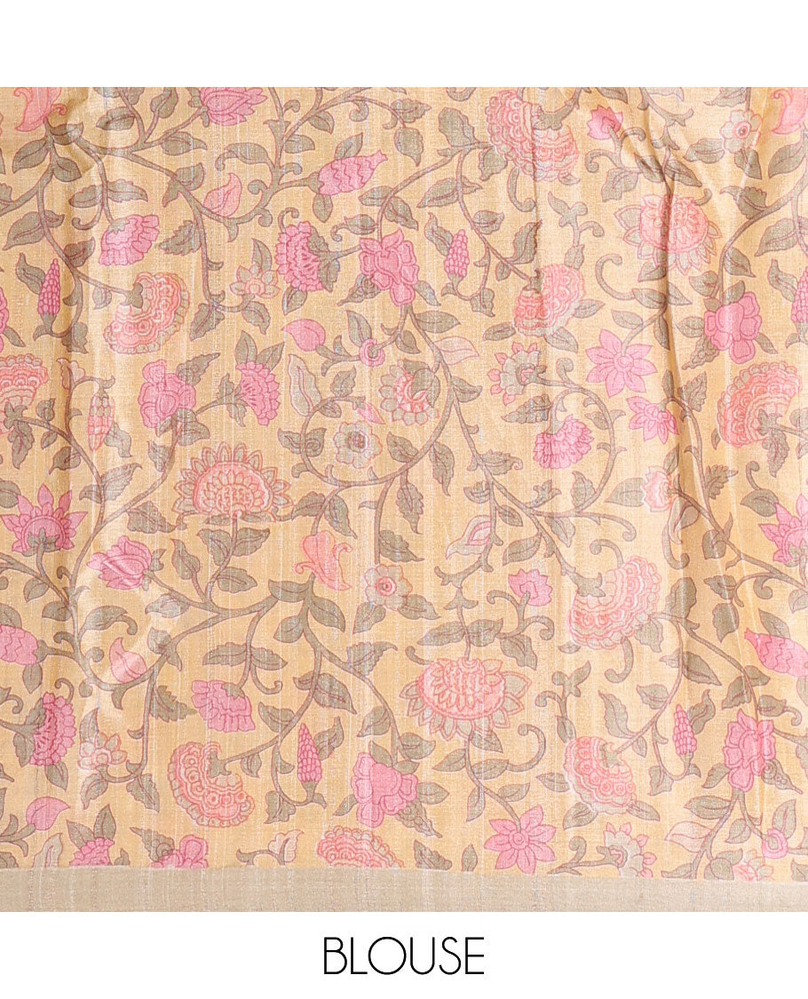 Borderless blue unique floral printed tussar saree