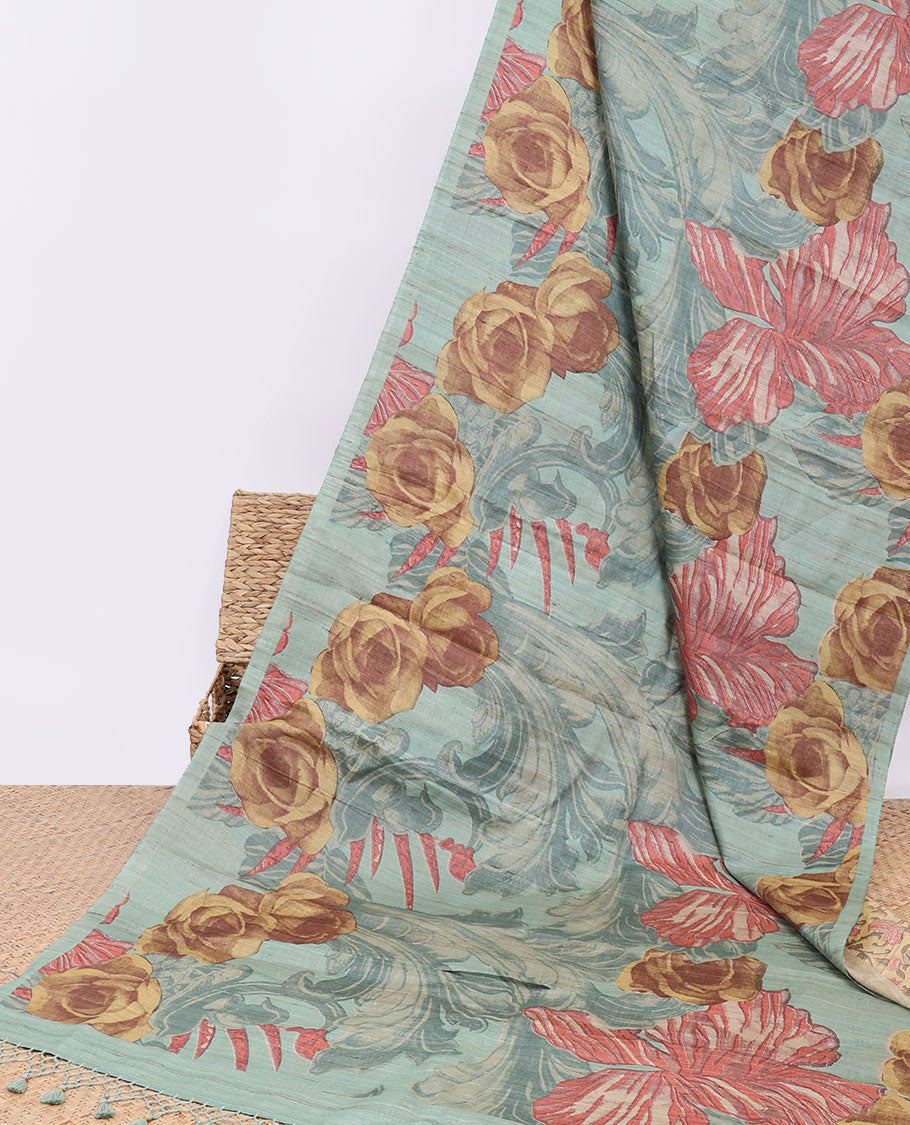 Borderless blue unique floral printed tussar saree