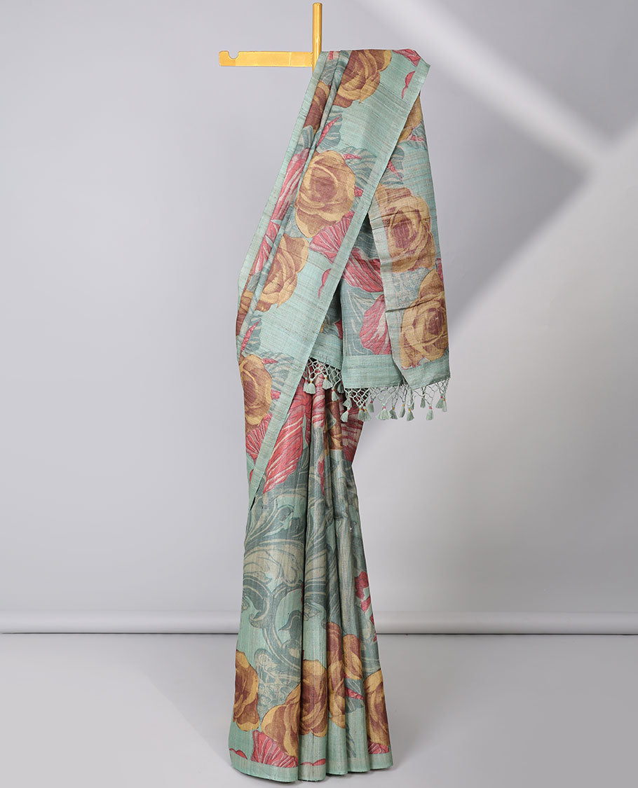 Borderless blue unique floral printed tussar saree