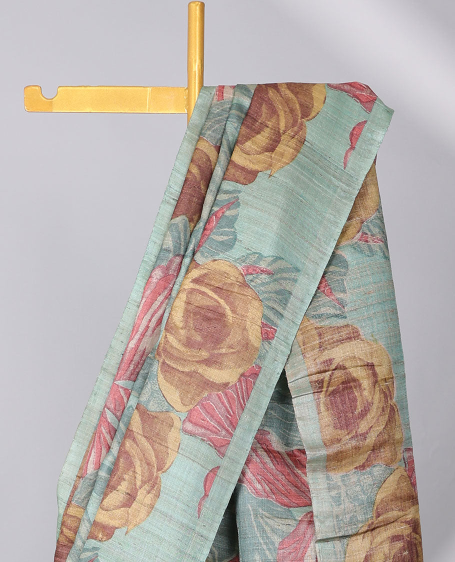 Borderless blue unique floral printed tussar saree