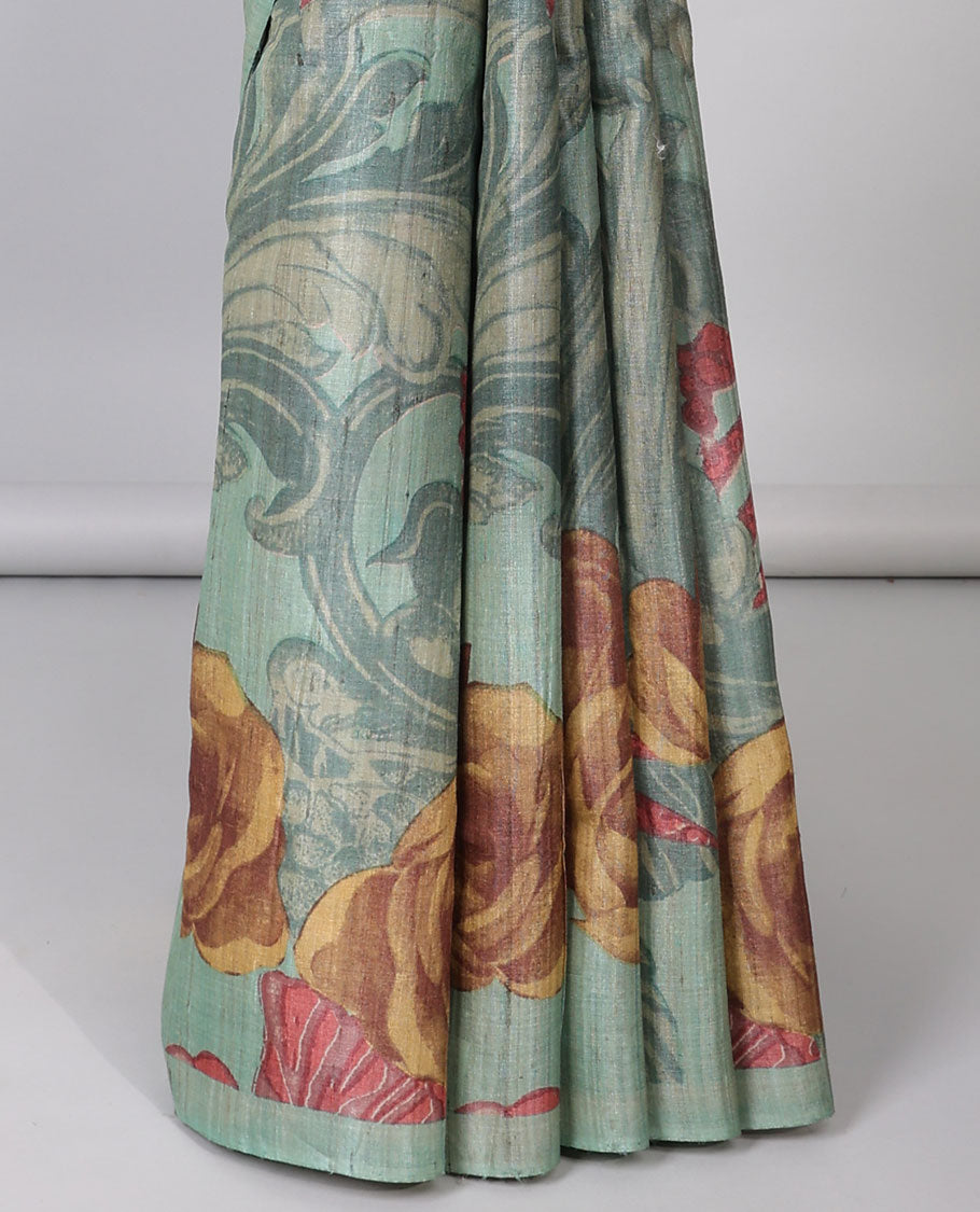 Borderless blue unique floral printed tussar saree