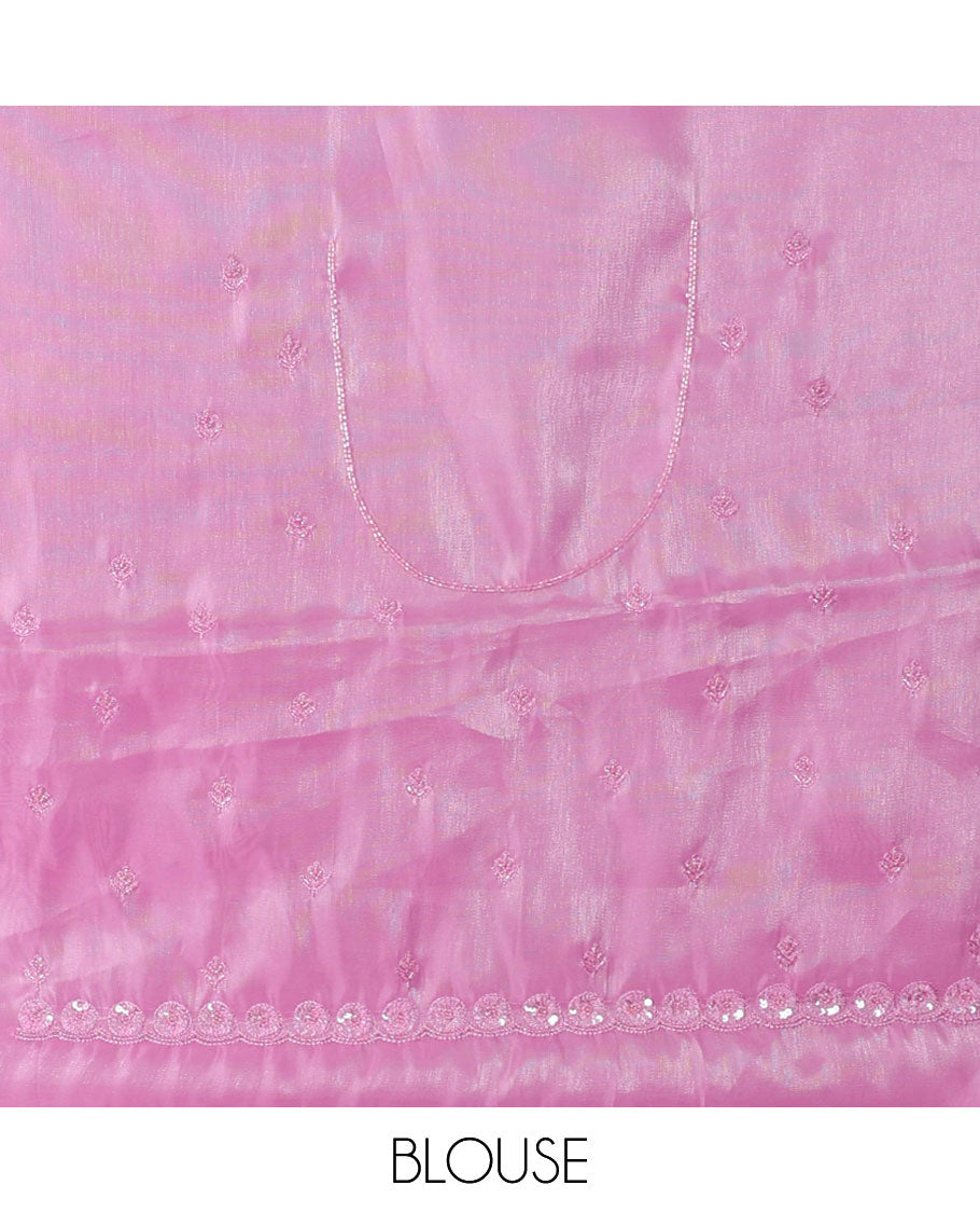 Pink plain design designer saree, floral design embroidered scallop border