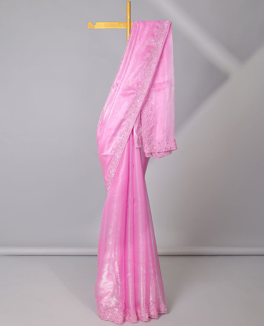 Pink plain design designer saree, floral design embroidered scallop border
