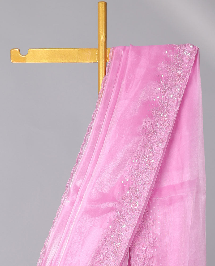 Pink plain design designer saree, floral design embroidered scallop border