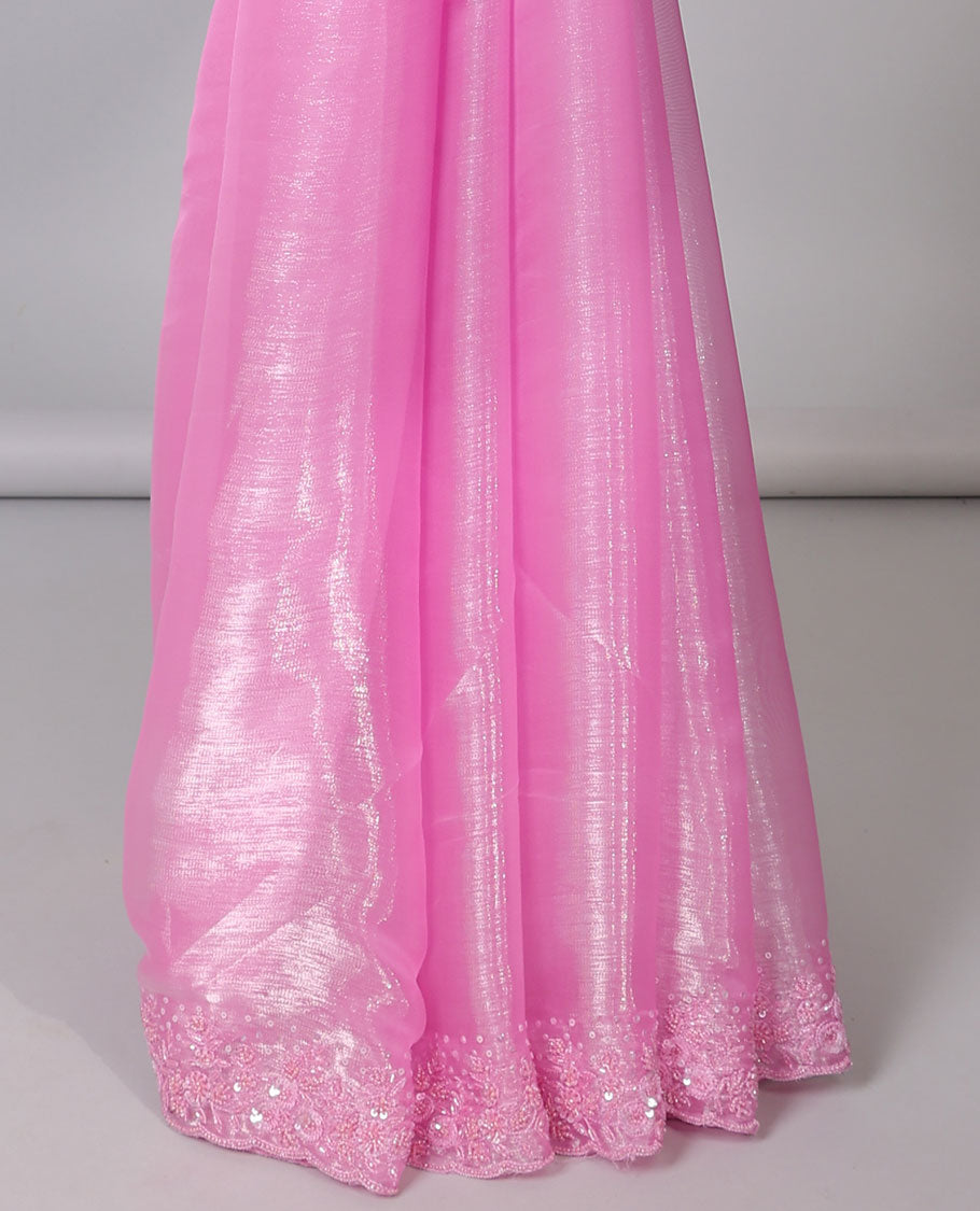 Pink plain design designer saree, floral design embroidered scallop border