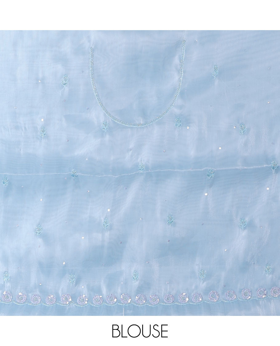 Blue plain design designer saree, floral design embroidered scallop border