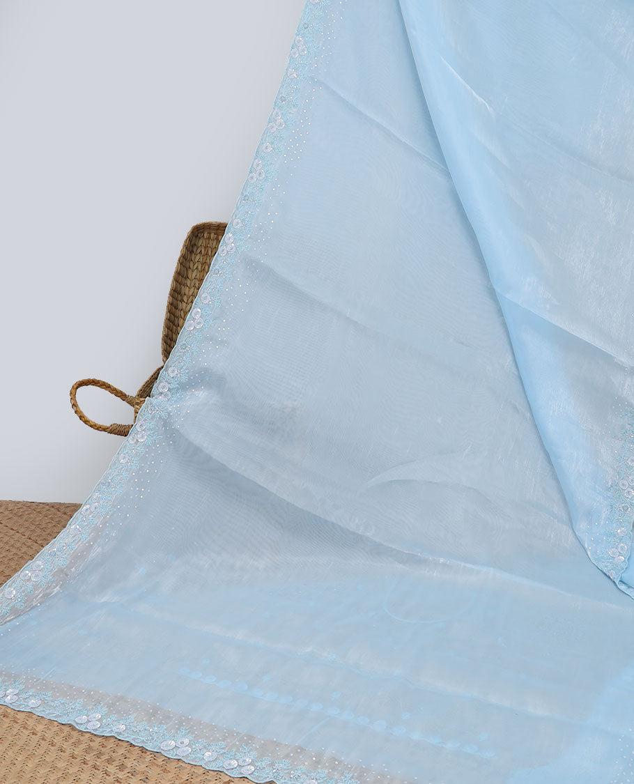 Blue plain design designer saree, floral design embroidered scallop border