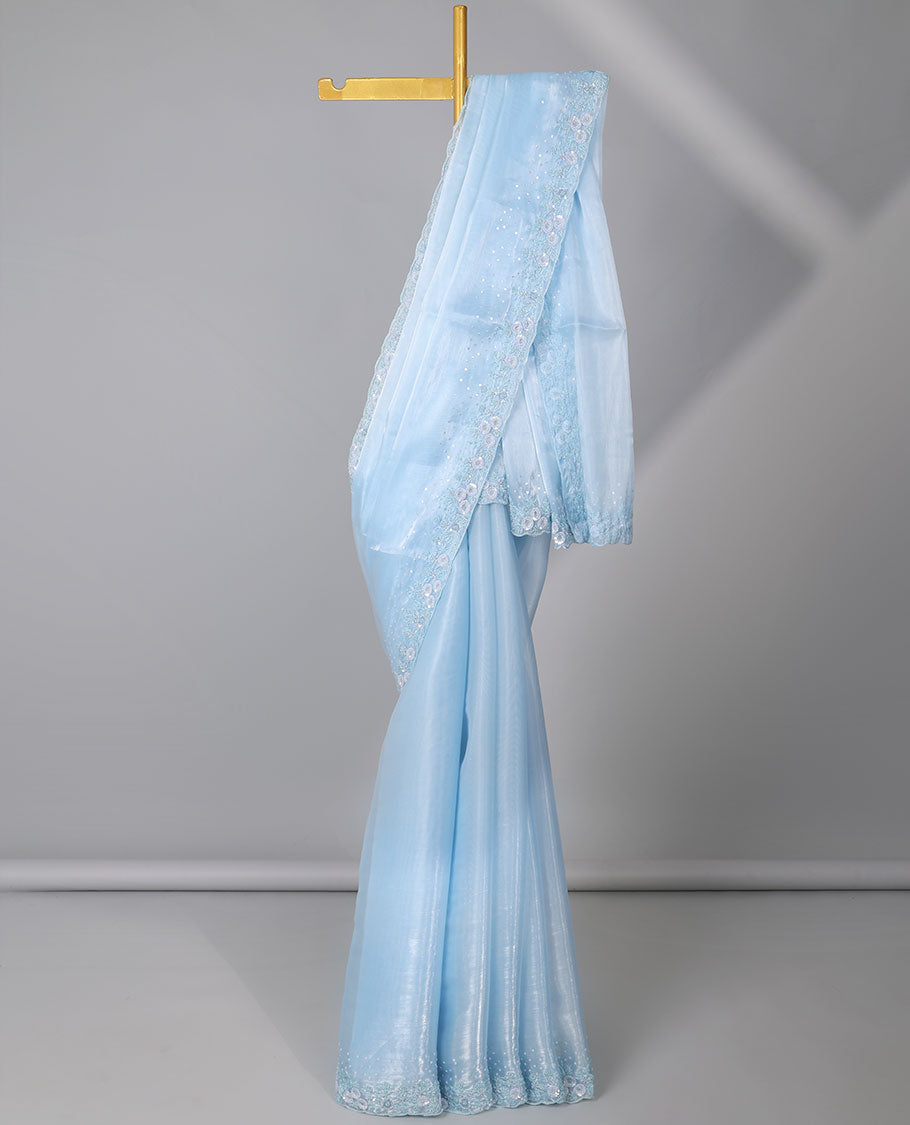 Blue plain design designer saree, floral design embroidered scallop border