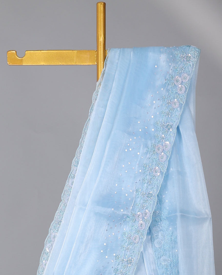 Blue plain design designer saree, floral design embroidered scallop border