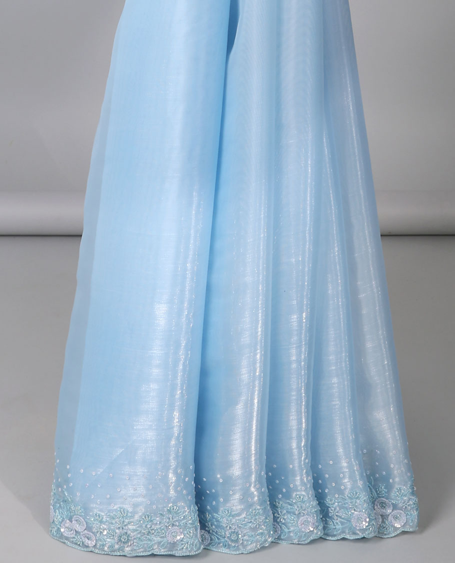 Blue plain design designer saree, floral design embroidered scallop border