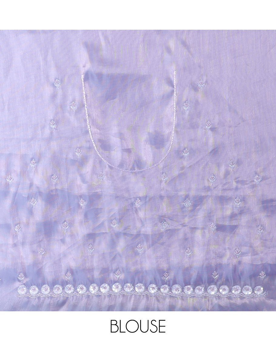 Lavender plain design designer saree, floral design embroidered scallop border