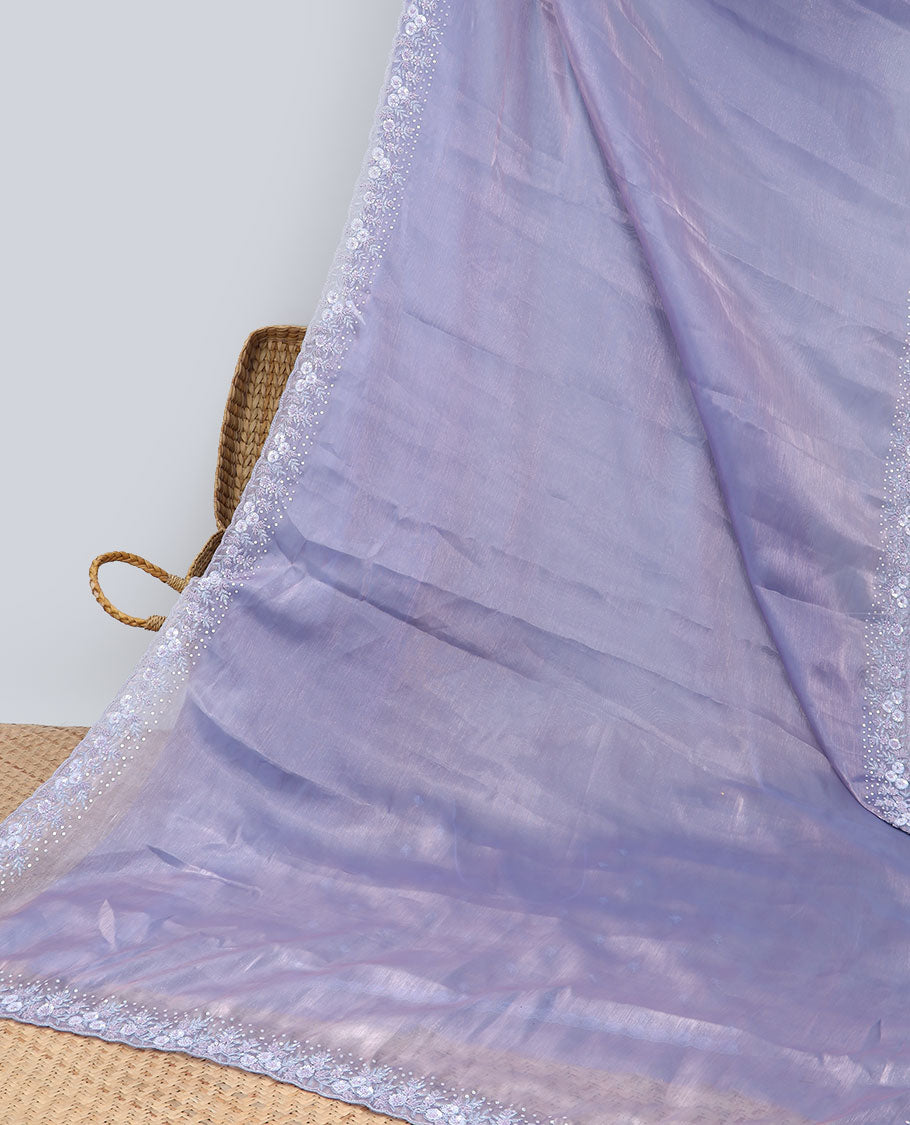 Lavender plain design designer saree, floral design embroidered scallop border