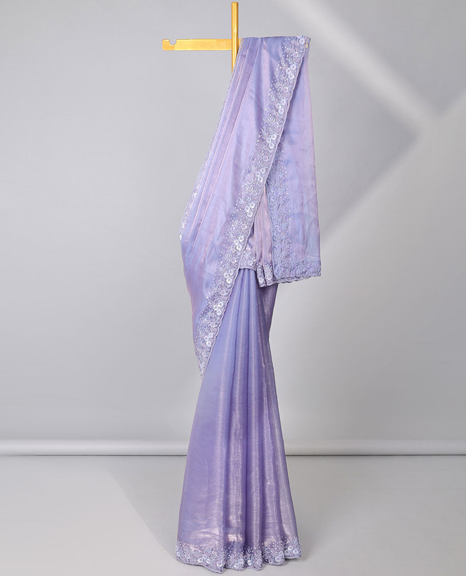 Lavender plain design designer saree, floral design embroidered scallop border