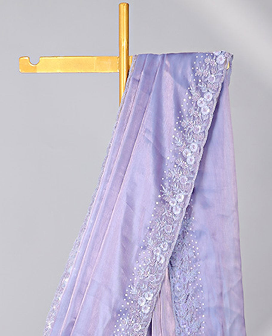 Lavender plain design designer saree, floral design embroidered scallop border