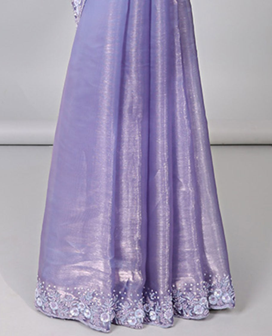 Lavender plain design designer saree, floral design embroidered scallop border