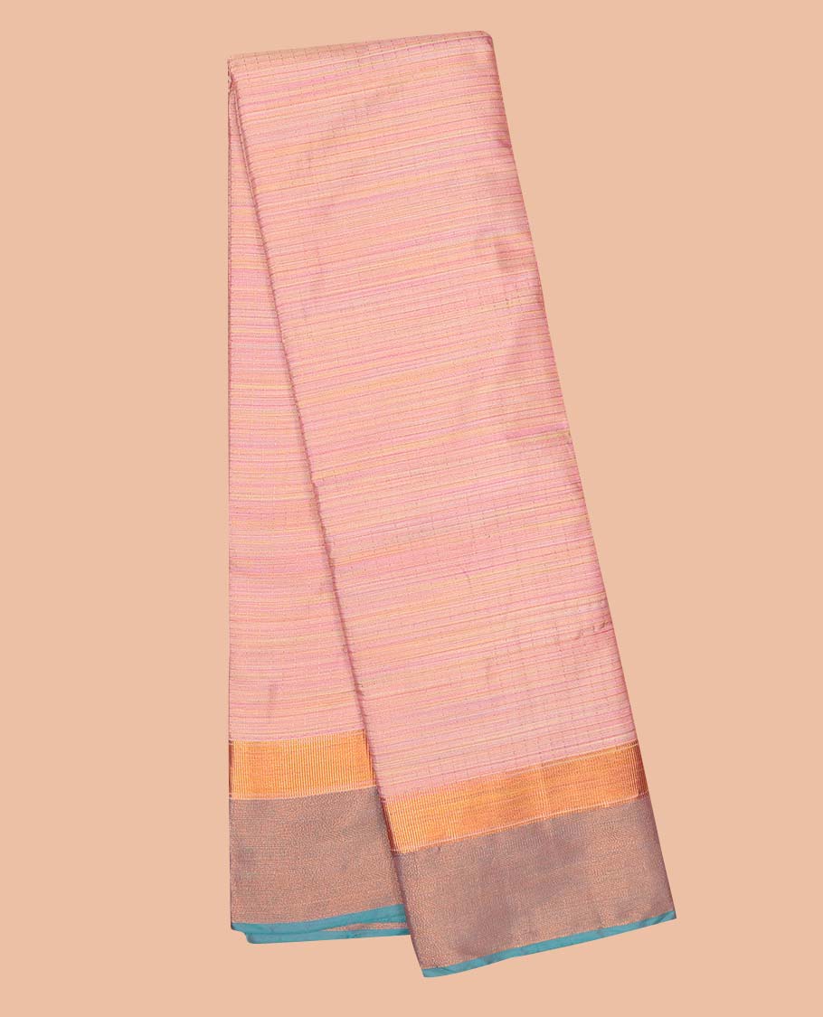 Pink checked soft silk saree, contrast zari design border & zari striped pallu