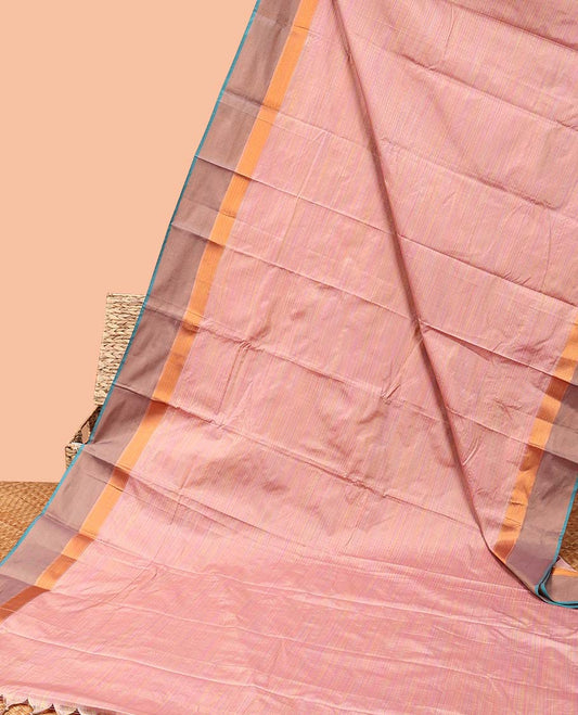 Pink checked soft silk saree, contrast zari design border & zari striped pallu