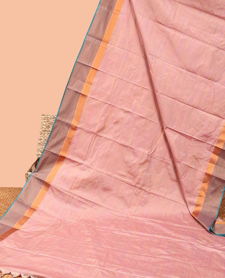 Pink checked soft silk saree, contrast zari design border & zari striped pallu