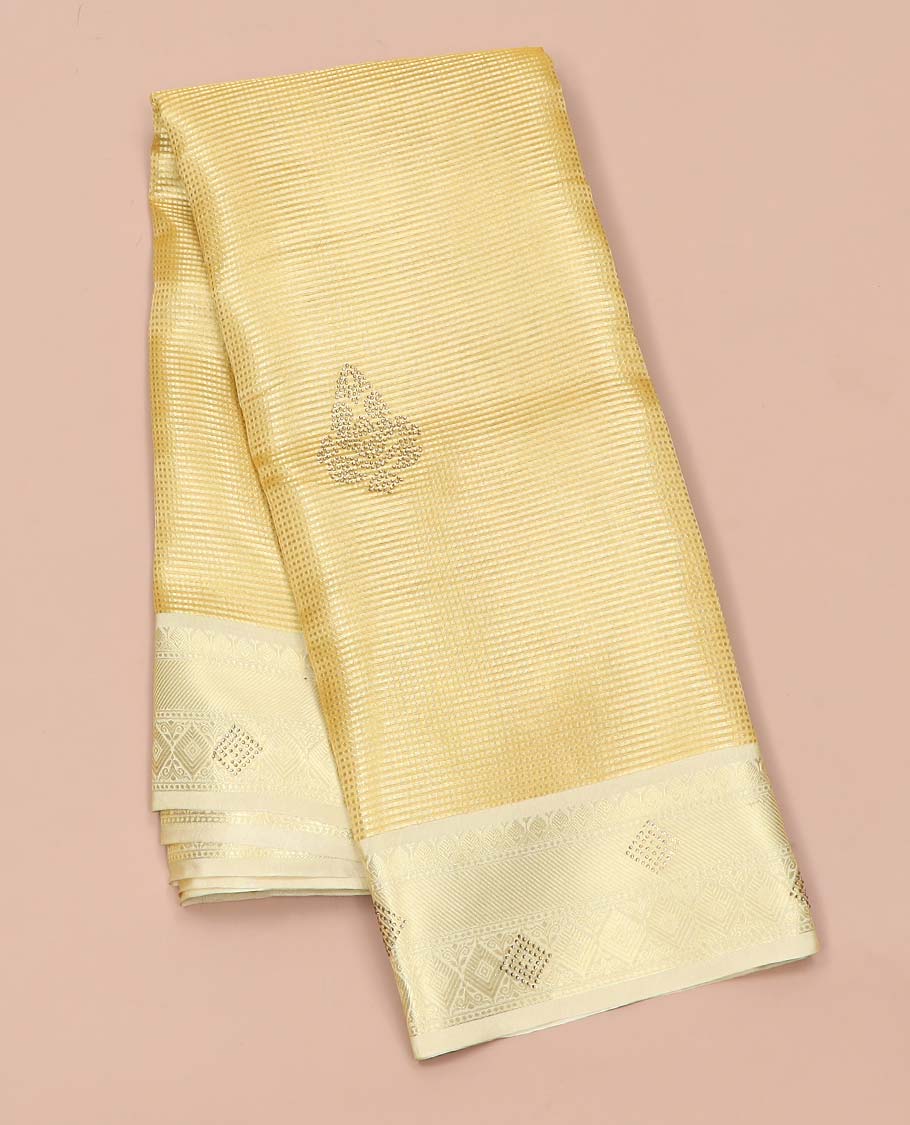 Gold zari design semi-banaras tissue saree with stonework, contrast traditional stonework border & jaal pallu