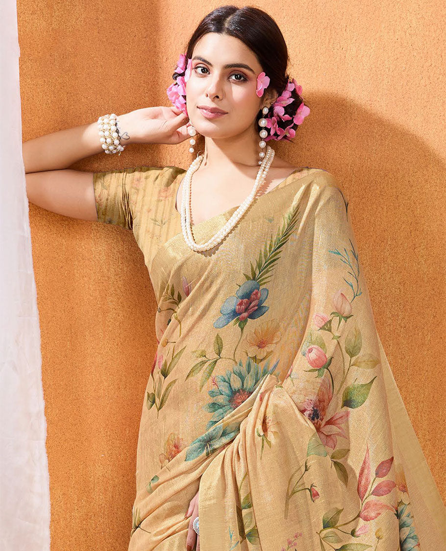 Sandal floral printed designer catalog saree, plain border & plain pallu