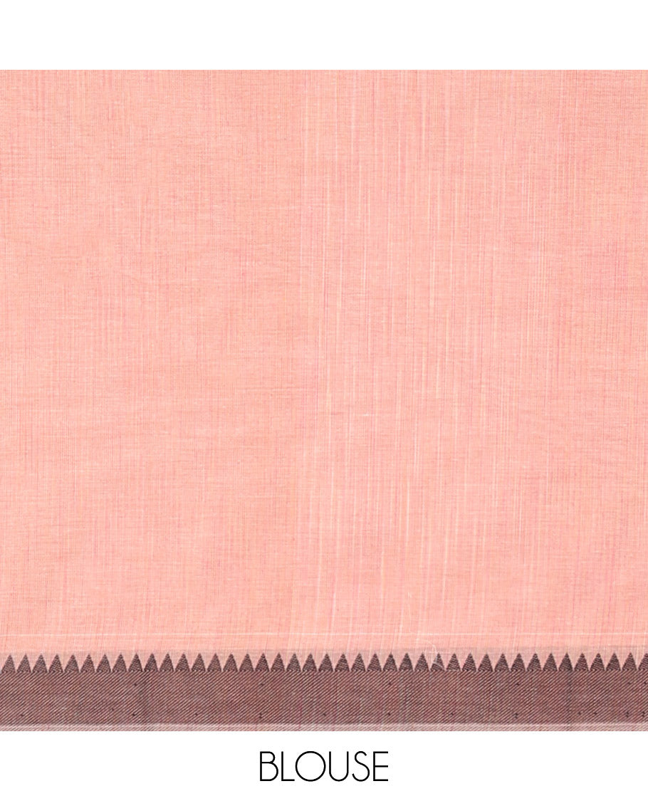 Peach kanchi cotton saree with paisley buttas, contrast temple border & pallu of floral & geometric designs