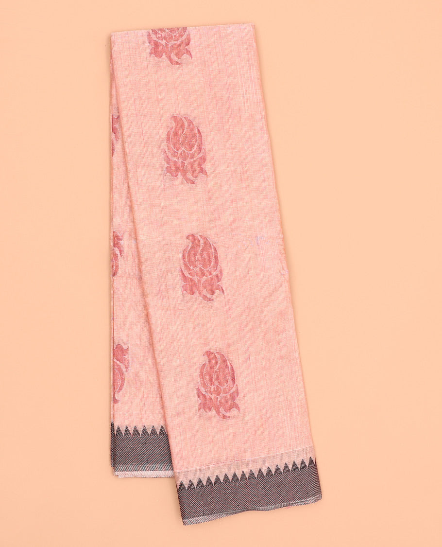 Peach kanchi cotton saree with paisley buttas, contrast temple border & pallu of floral & geometric designs