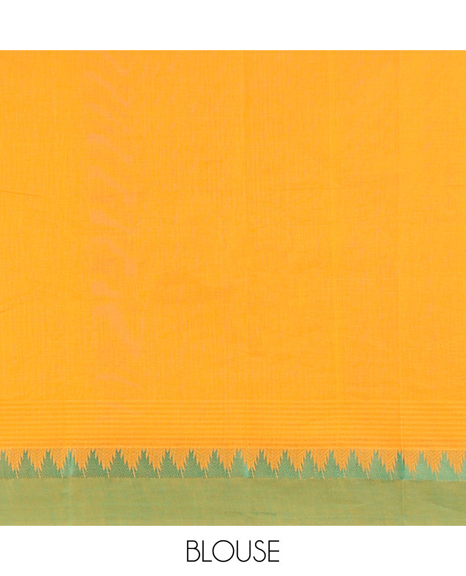 Orange kanchi cotton saree with buttas, contrast temple border & pallu of traditional designs