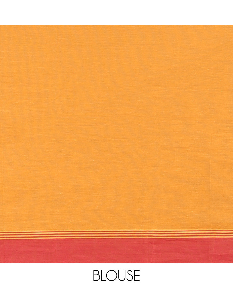 Orange kanchi cotton saree with paisley buttas, contrast border & pallu of argyle designs