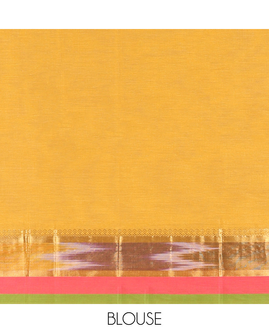 Yellow kanchi cotton saree with buttas, contrast ikkat border of unique designs & pallu of floral designs