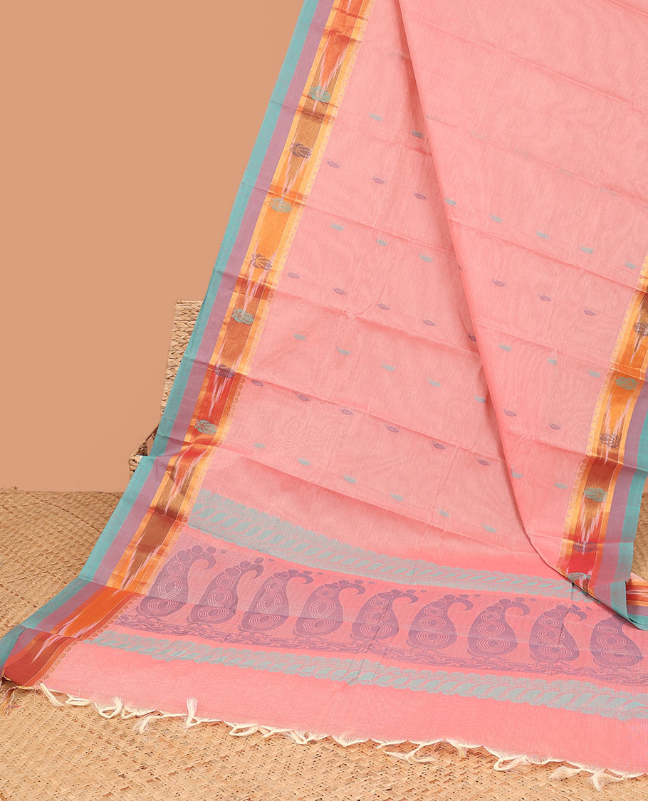 Pink kanchi cotton saree with buttas, contrast ikkat border of unique designs & pallu of paisley designs