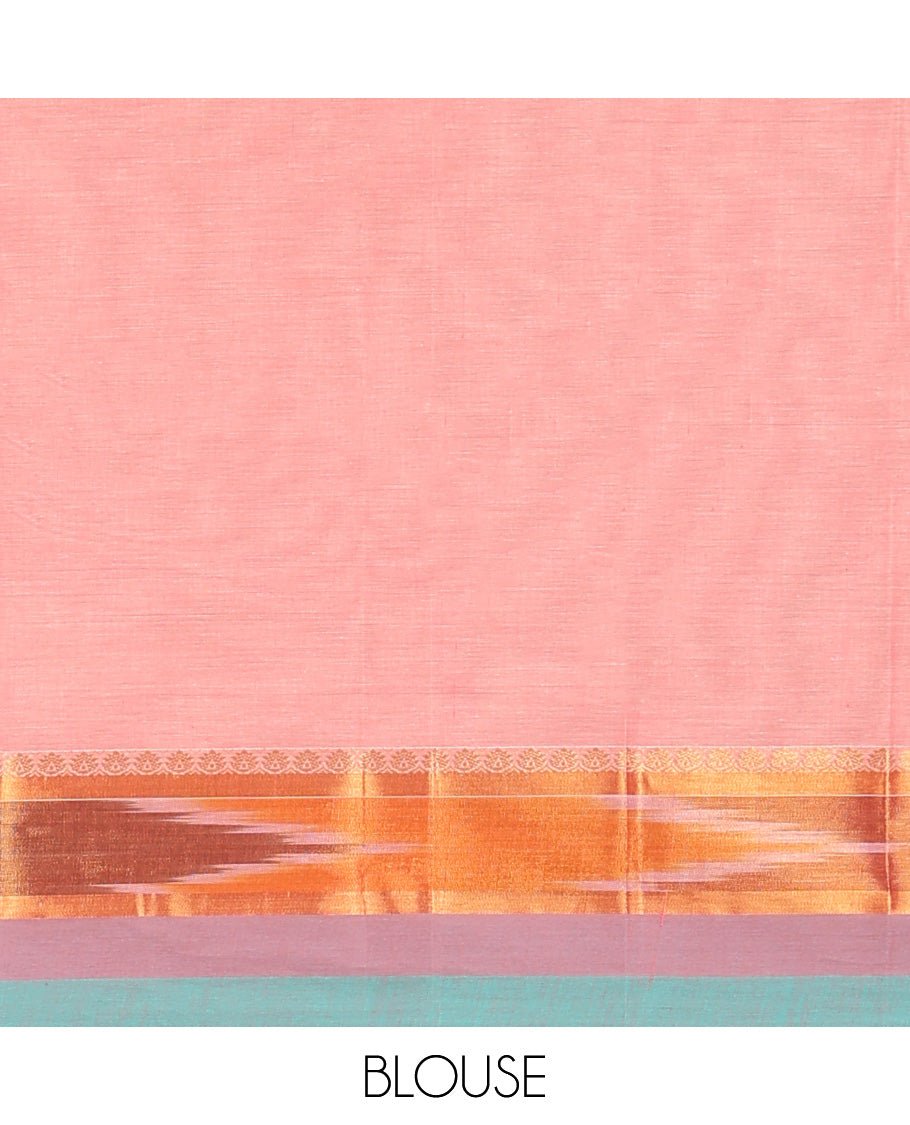 Pink kanchi cotton saree with buttas, contrast ikkat border of unique designs & pallu of paisley designs