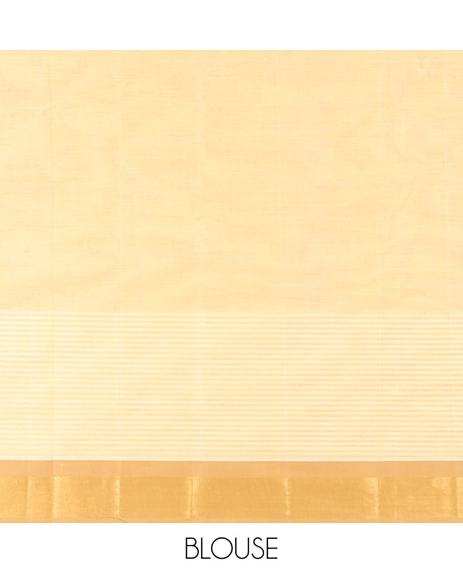 Sandal striped kanchi cotton saree with buttas, contrast plain border & pallu of floral & paisley designs