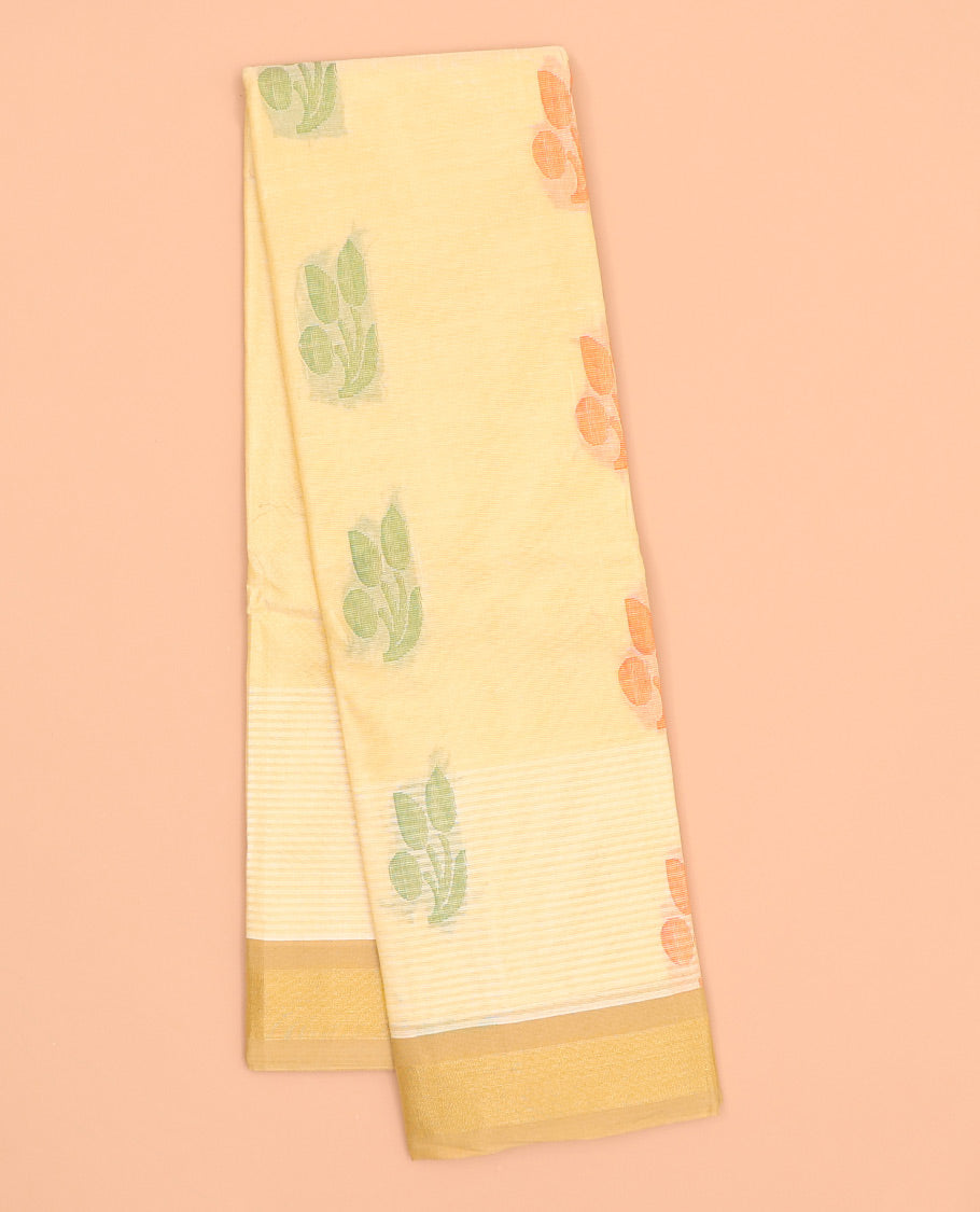 Sandal striped kanchi cotton saree with buttas, contrast plain border & pallu of floral & paisley designs