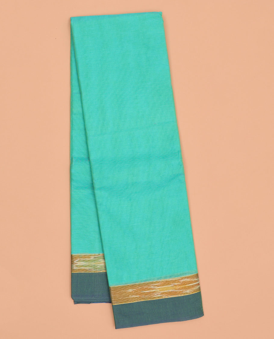 Blue plain kanchi cotton saree, contrast ikkat border & pallu of stripes