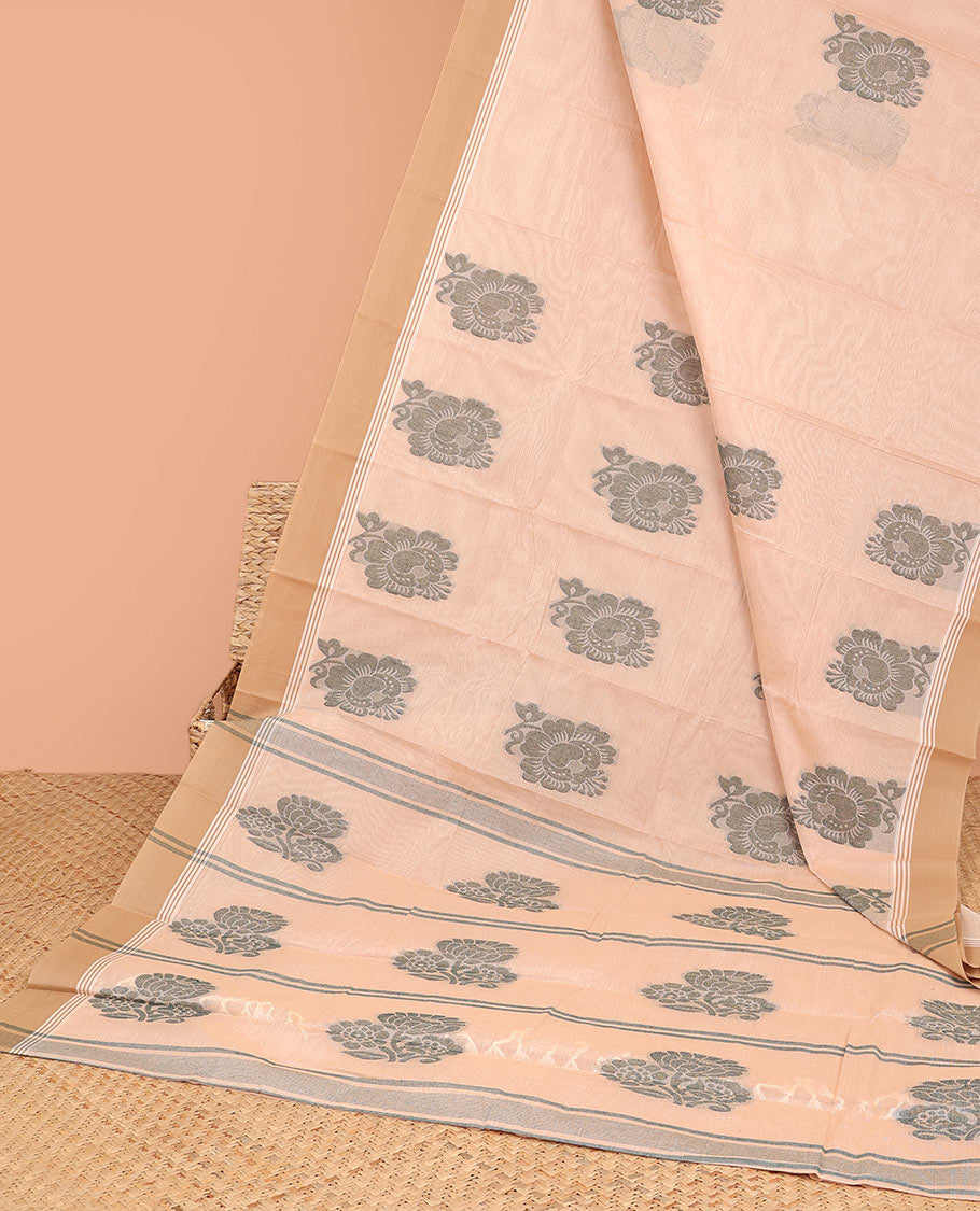 Sandal kanchi cotton saree with buttas, contrast plain border & pallu of floral buttas