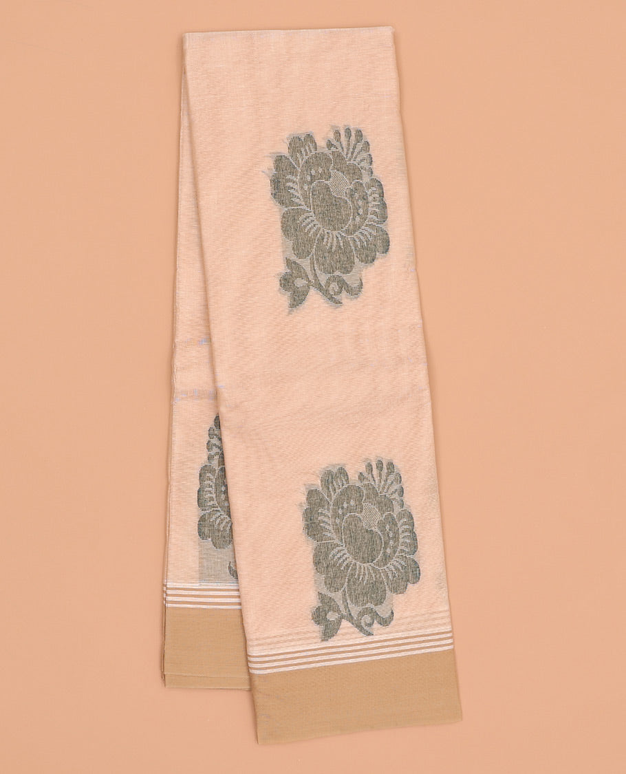 Sandal kanchi cotton saree with buttas, contrast plain border & pallu of floral buttas