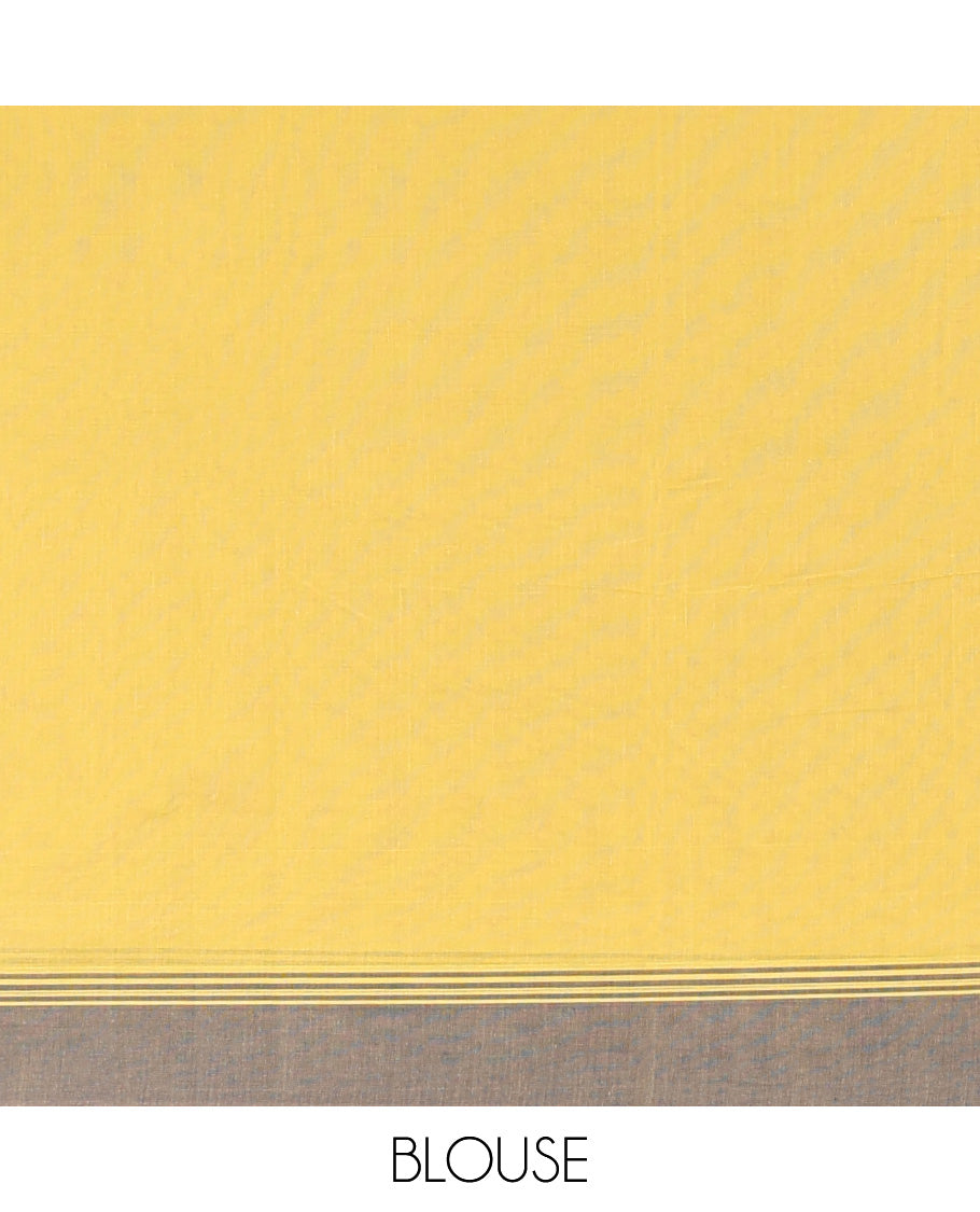 Yellow kanchi cotton saree with tree buttas, contrast plain border & pallu of floral designs