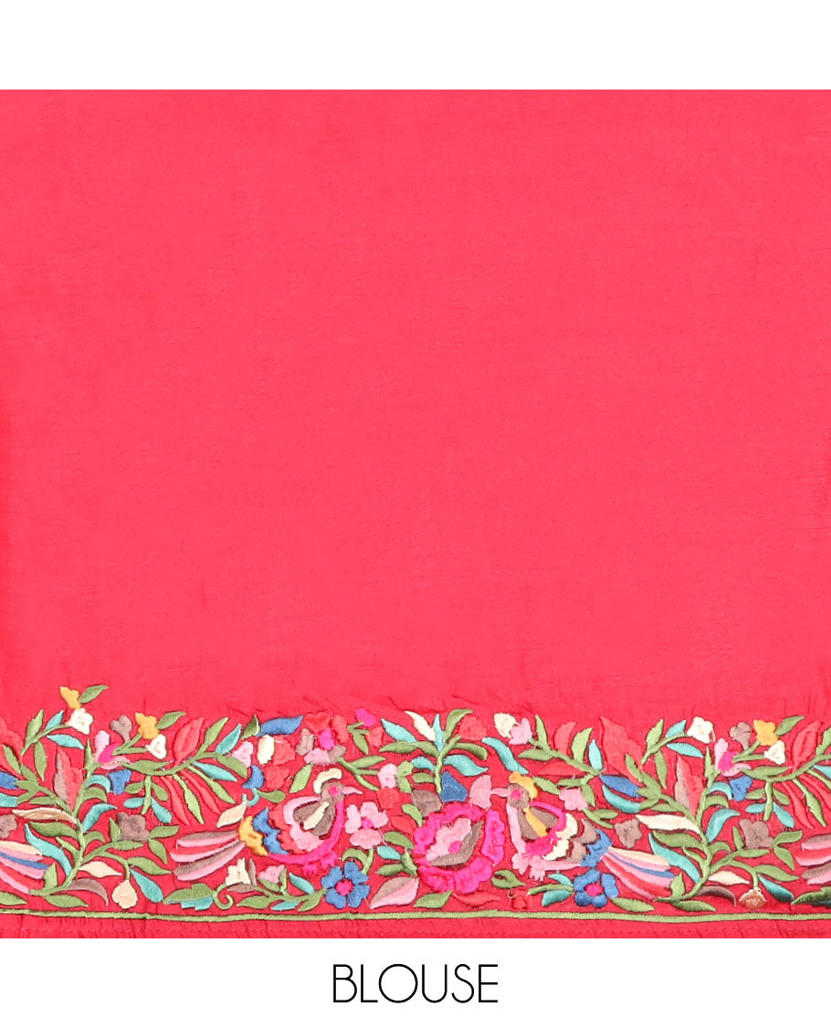 Red semi-banaras tussar saree features multi-color floral & bird motifs thread embroidery