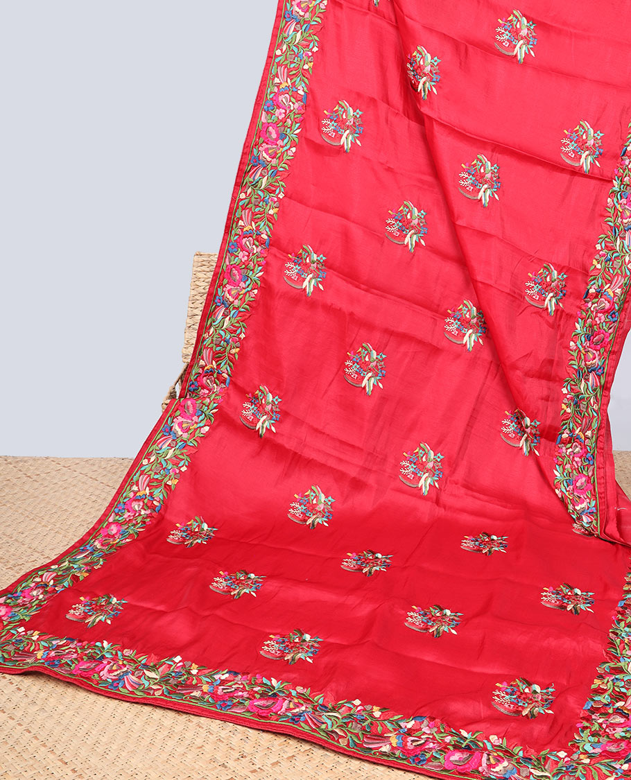 Red semi-banaras tussar saree features multi-color floral & bird motifs thread embroidery