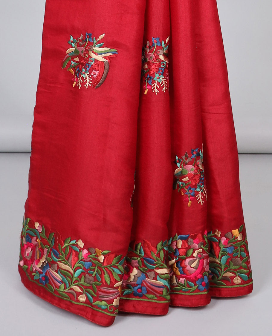 Red semi-banaras tussar saree features multi-color floral & bird motifs thread embroidery