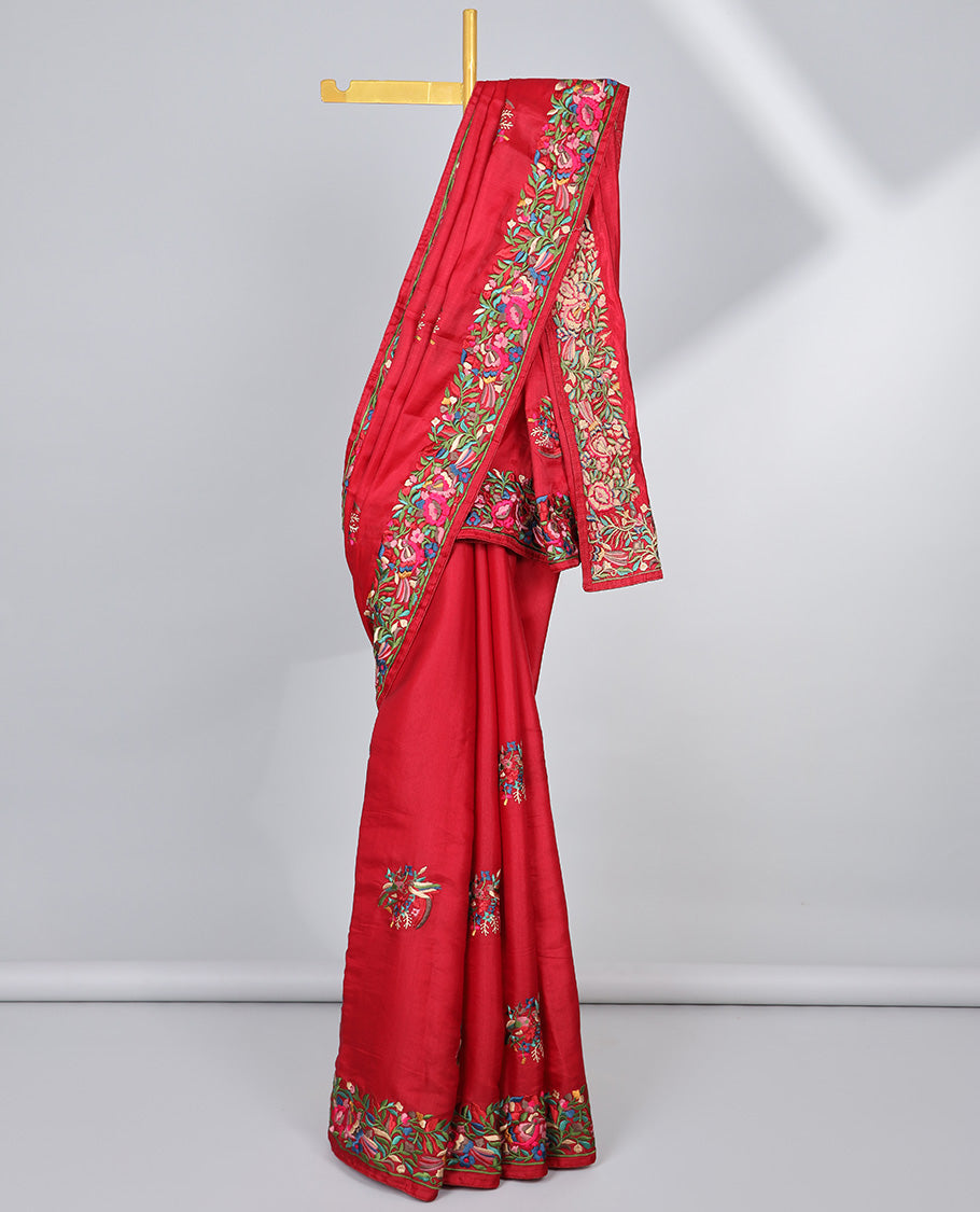 Red semi-banaras tussar saree features multi-color floral & bird motifs thread embroidery