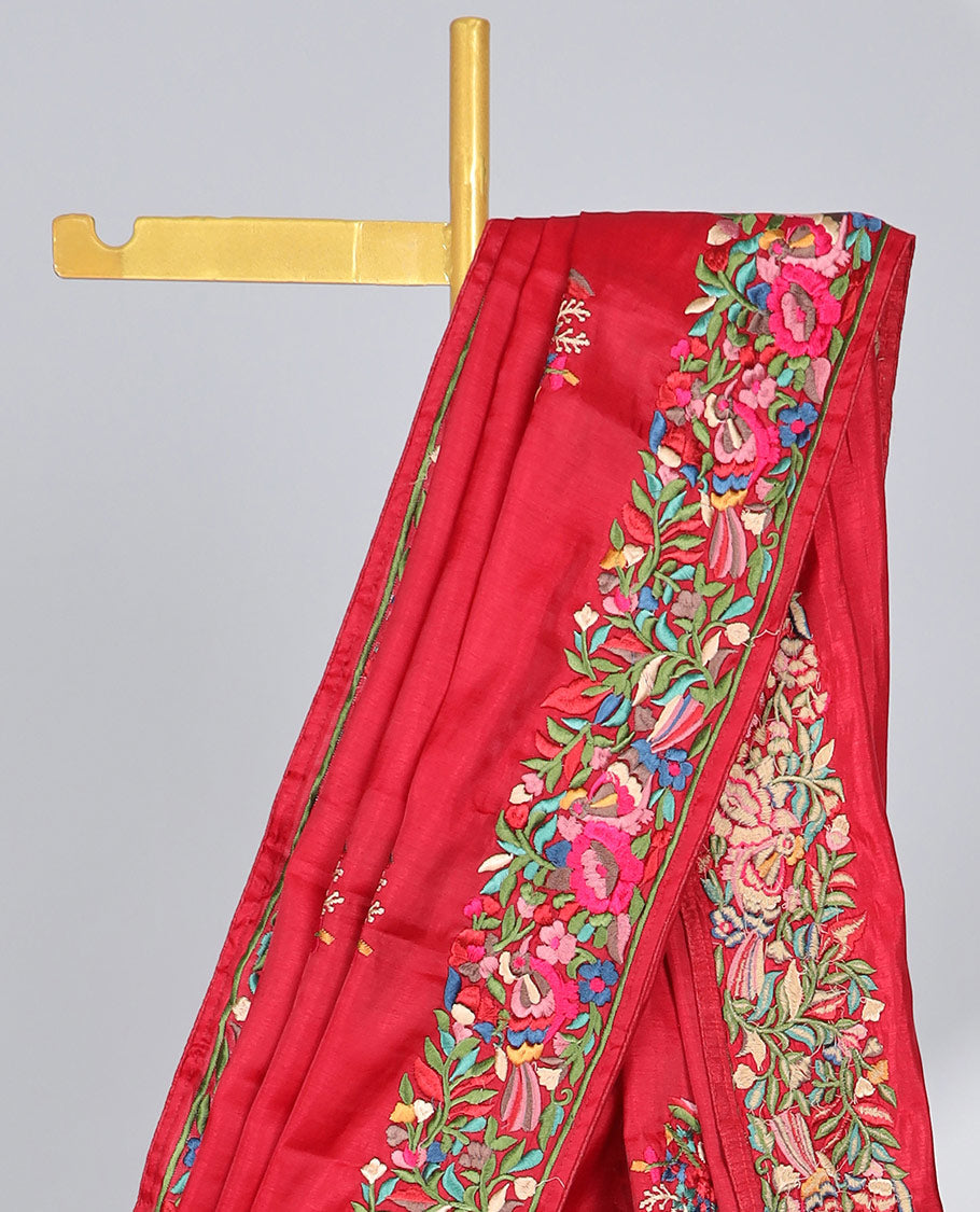 Red semi-banaras tussar saree features multi-color floral & bird motifs thread embroidery