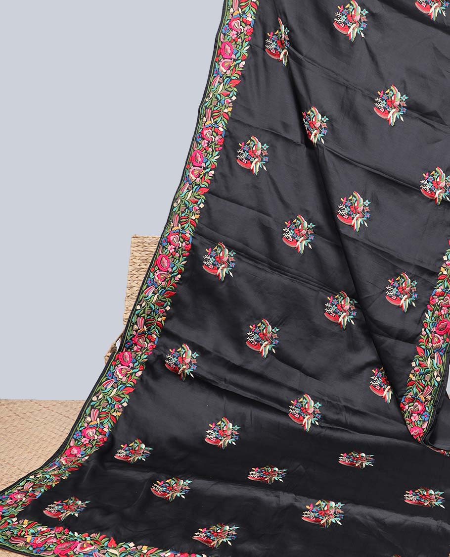 Black semi-banaras tussar saree features multi-color floral & bird motifs thread embroidery