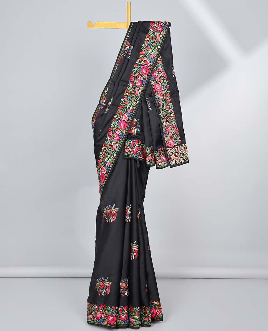 Black semi-banaras tussar saree features multi-color floral & bird motifs thread embroidery