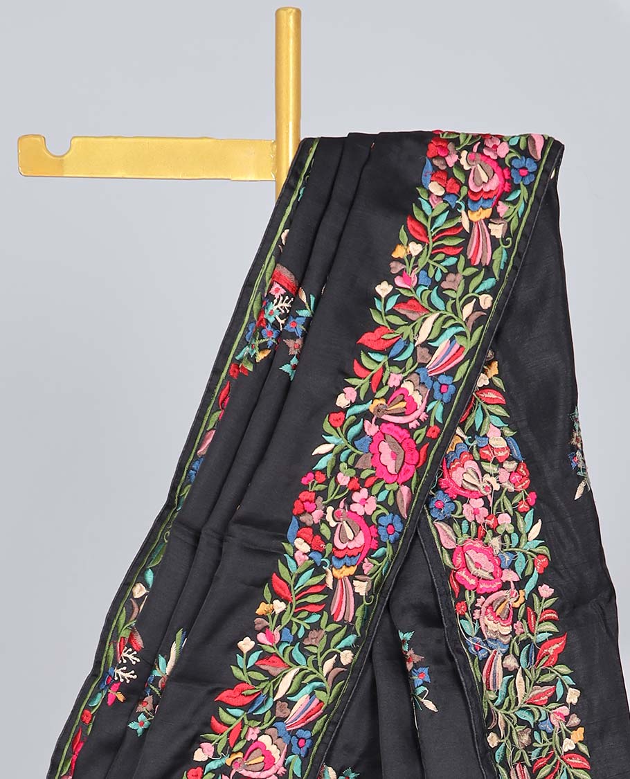 Black semi-banaras tussar saree features multi-color floral & bird motifs thread embroidery