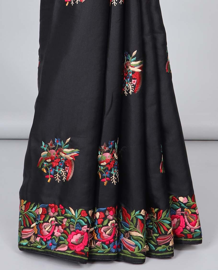 Black semi-banaras tussar saree features multi-color floral & bird motifs thread embroidery