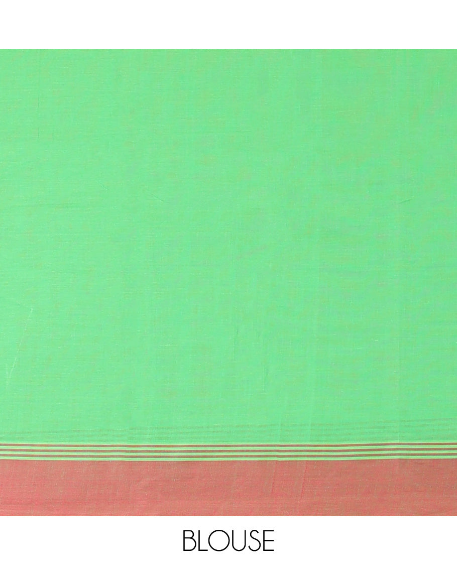 Green kanchi cotton saree with buttas, contrast plain border & jaal pallu