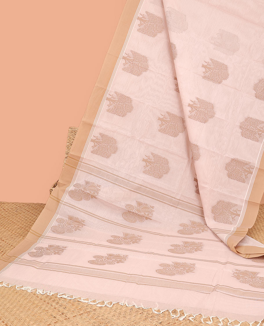 Cream kanchi cotton saree with tree buttas, contrast plain border & floral design pallu