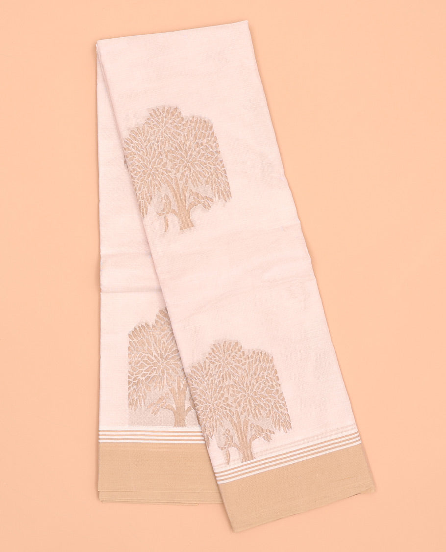 Cream kanchi cotton saree with tree buttas, contrast plain border & floral design pallu
