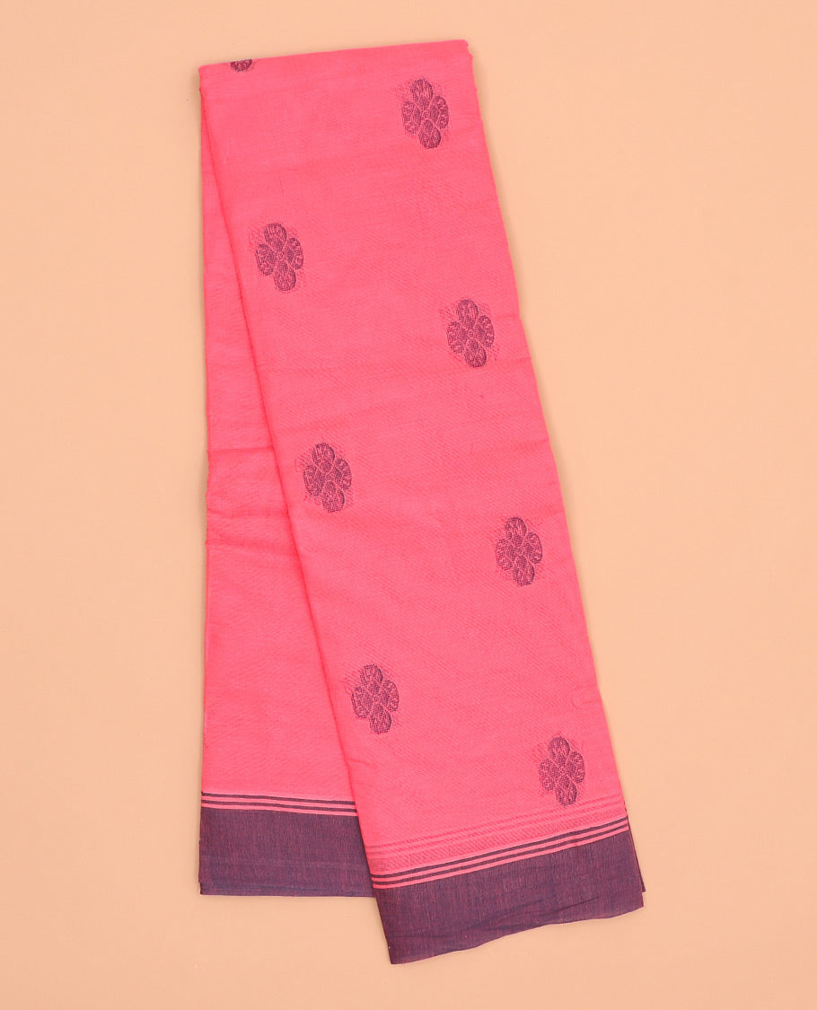 Pink kanchi cotton saree with buttas, contrast plain border & jaal design pallu